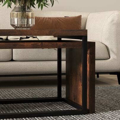 Set Of Two Nesting Coffee Tables, Suitable For Use As A Sofa Table, Side Table, Or Tea Table. Various Styles, Functional, Elegant, And Minimalist. Metal Base, Black-Brown Finish.
