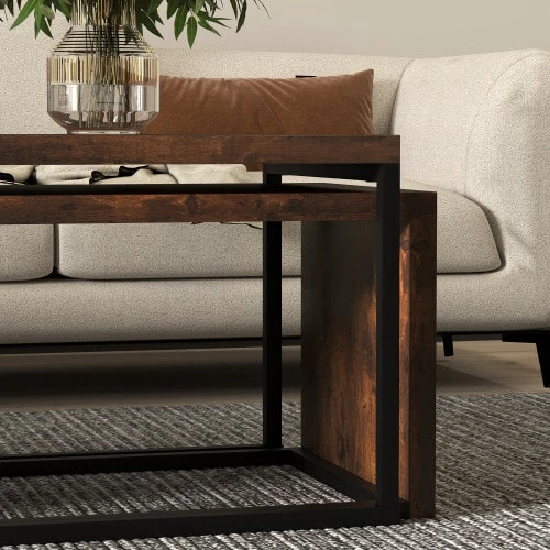Set Of Two Nesting Coffee Tables, Suitable For Use As A Sofa Table, Side Table, Or Tea Table. Various Styles, Functional, Elegant, And Minimalist. Metal Base, Black-Brown Finish. - Coffee Brown - View 1