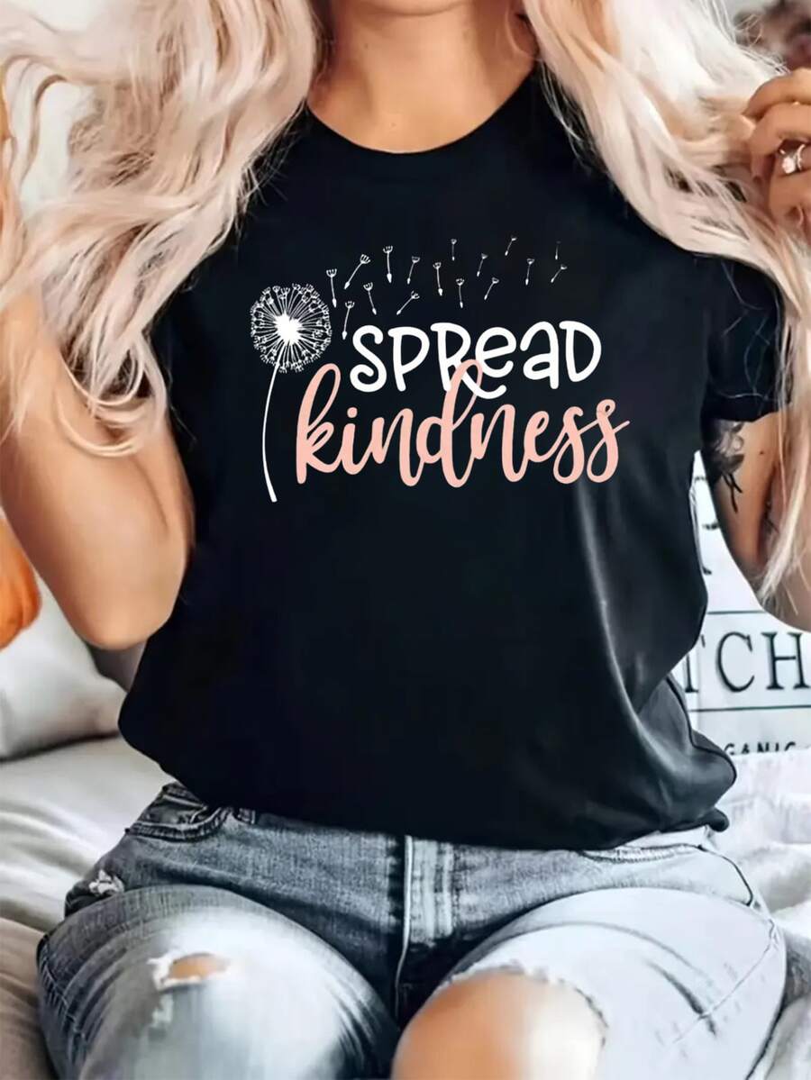 Spread Kindness Print Crew Neck T-Shirt, Casual Short Sleeve Top For Spring & Summer, Women's Clothing - Black - View 1