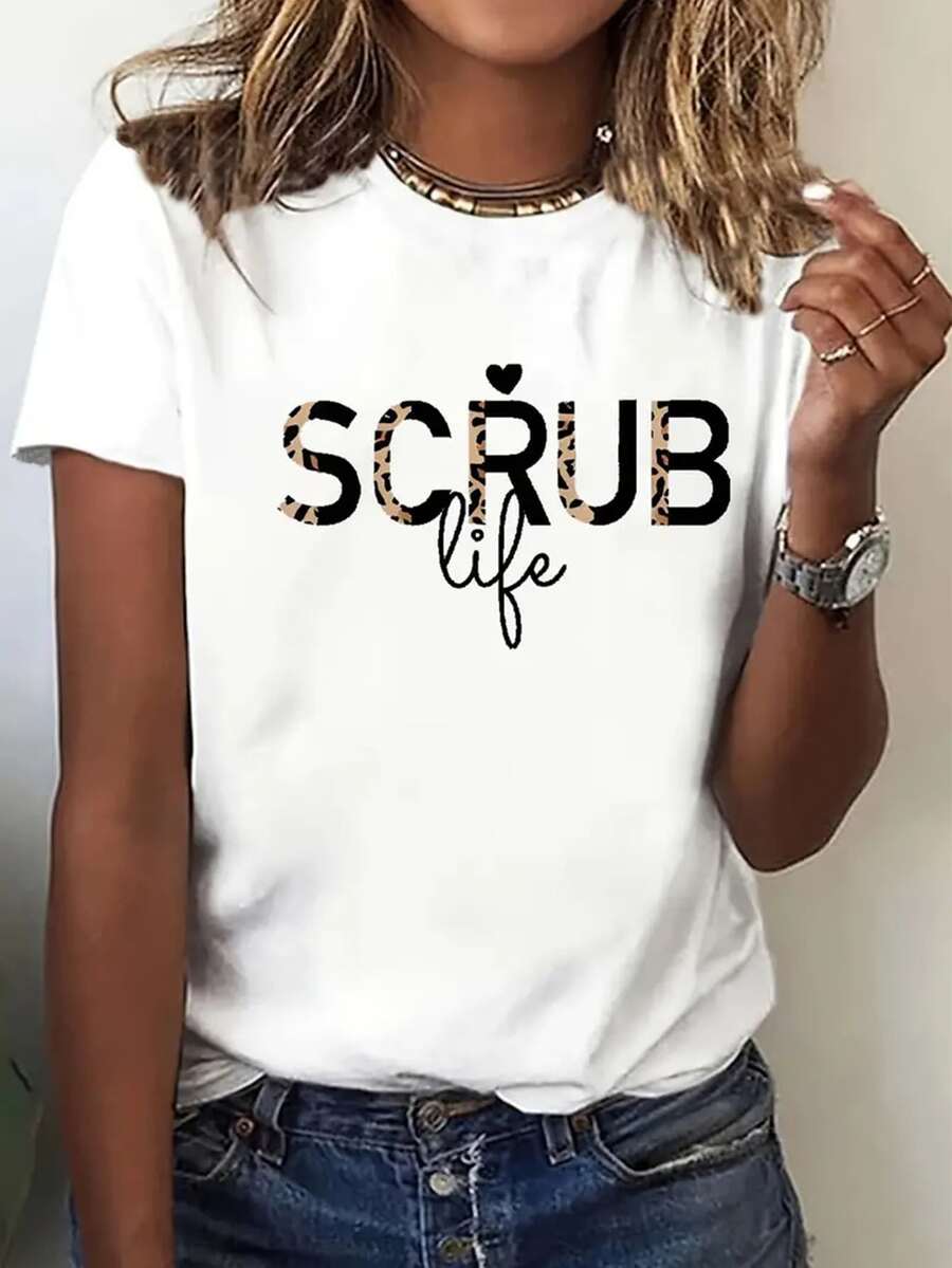 Nurse Leopard Scrub Life Nursing Tees Nurse Week T-Shirt Printed Crew Neck T-Shirt, Casual Short-Sleeved Top, Suitable For Spring, Summer, Sports, Weekends And Other Scenes, Women's Clothing - White - View 1