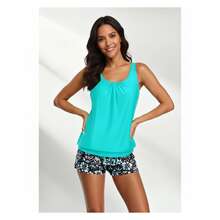 Turquoise Tankini Swimsuit For Women Floral Print Boy Shorts Two Piece Bathing Suit Tummy Control Ruched Swimwear UPF 50+ Adjustable Straps - 多色883 - 查看 2