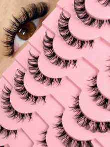 10 pares de pestañas postizas transparentes rusas rizadas con banda natural clara, pestañas postizas de 3D de visón falso reutilizables con aspecto de ojo de gato, extensiones de tira completa de pestañas para maquillaje - Negro - Ver 2