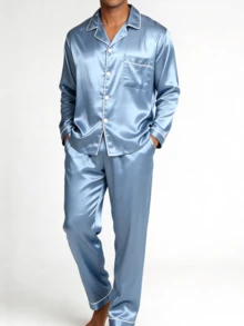 男士秋冬罗纹领单排扣长袖上衣和裤子休闲睡衣套装，秋季衣服 - 霧霾藍 - 查看 3