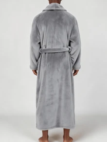 Snug League 1pc Couple's Warm Flannel Shawl Neck Loose Casual Soft Thermal Lined Long Sleeve Fluffy Robe With Pockets, Suitable For Home Wear, Autumn/Winter - Light Grey - View 2