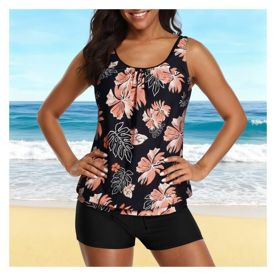 Women's Tankini Swimsuit Black & Coral Floral Print - Two Piece Bathing Suit With Tummy Control & Boy Shorts - Modest Swimwear For Women - Summer Beach Pool - 多色889 - 查看 1