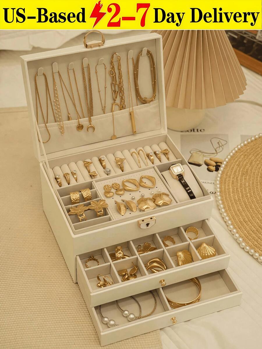 [Delivery Within 2-7 Days In The United States]Large Capacity Jewelry Storage Box, Portable Jewelry Storage Box, Dressing Table With Drawer Jewelry Storage Box, Gift Leather Jewelry Box, Exquisite Display Packaging Storage Container Back To School Dormitory Storage,Gift For Girls And Men,White PU Leather Outside Soft Velvet Lining Inside - 彩色 - 查看 1