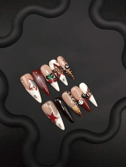 Handmade Nails Long Pointed 3D Carved Street Style Classic Patterned Fingertip Three-Dimensional Cherry Billiard Ball Star Press On Nails For Daily Wear Handmade Press On Nails