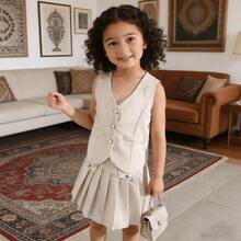 2pcs Girls Fashionable Button Cardigan Vest Paired With Pleated Solid Color Skirt Set - Beige - View 9