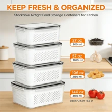 4pcs (4 Containers + 4 Colanders + 4 Lids) Double Layer Sealed Preservation Box – High Transparency Plastic Drainage Container For Fridge Fruit & Vegetable,Airtight Fridge Produce Storage Box – Double Layer High Transparency Plastic Container With Removable Colander - Bộ dụng cụ thoát nước hai lớp 4 chi tiết - Xem 1