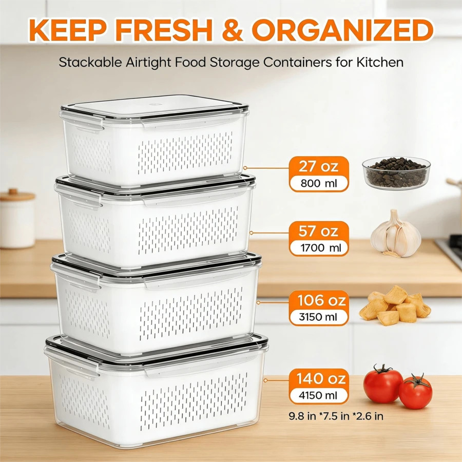 4pcs (4 Containers + 4 Colanders + 4 Lids) Double Layer Sealed Preservation Box – High Transparency Plastic Drainage Container For Fridge Fruit & Vegetable,Airtight Fridge Produce Storage Box – Double Layer High Transparency Plastic Container With Removable Colander - Bộ dụng cụ thoát nước hai lớp 4 chi tiết - Xem 1