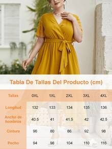Plus Size Casual Dresses For Women, Plus Size Dresses With Elastic Waist And V-Neck For Ladies, Short Sleeve Chiffon Dresses With Polka Dot Jacquard, Suitable For A Cool And Casual Everyday Summer - 黃色 - 查看 7