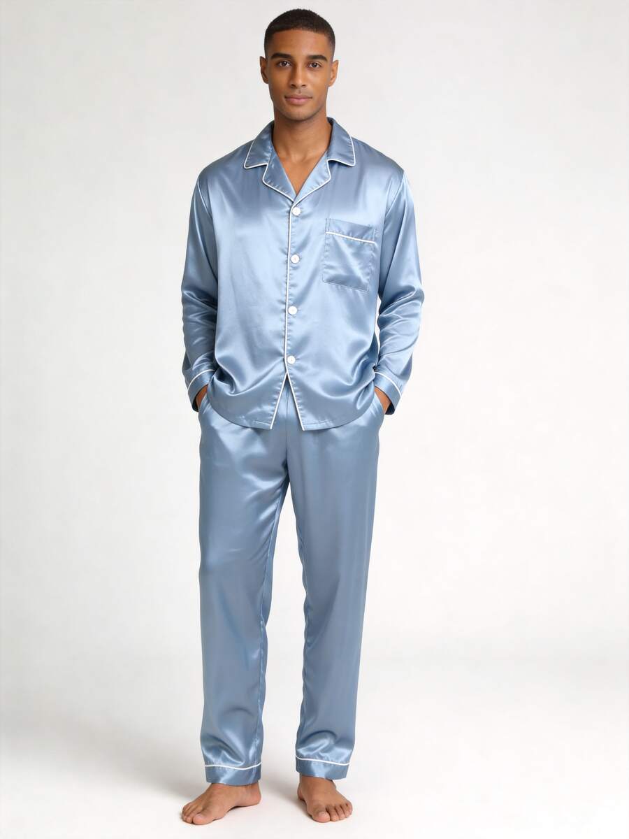 男士秋冬罗纹领单排扣长袖上衣和裤子休闲睡衣套装，秋季衣服 - 霧霾藍 - 查看 1