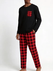 男士睡衣套装，长袖圆领上衣和格子长裤，适合所有季节，简约家居两件套，秋冬服装 - 黑色 - 查看 3