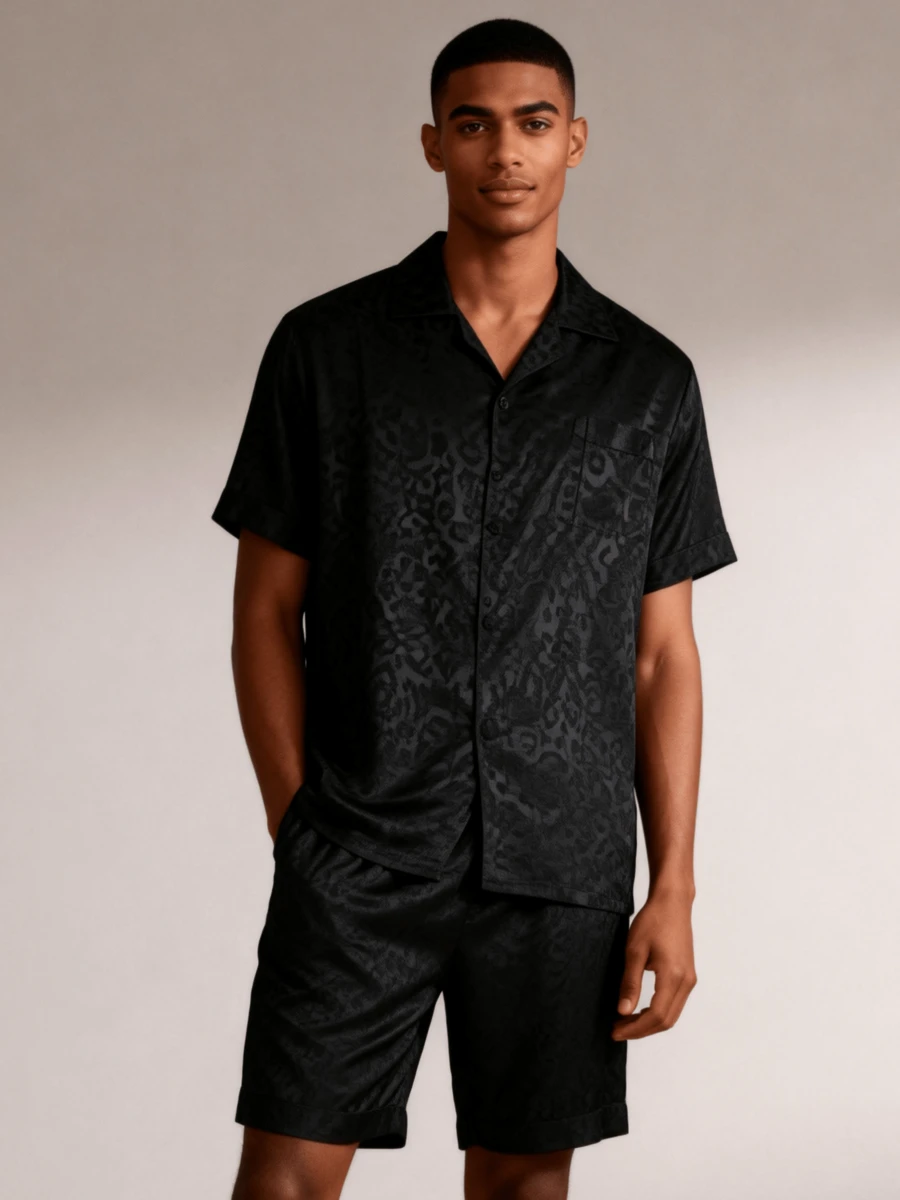Snug League 2pcs Men Short Sleeve Sleepwear Set, Thin Silk Ice Fabric Leopard Pattern Kimono Collar Black Pajamas For Summer & Home - Black - View 1