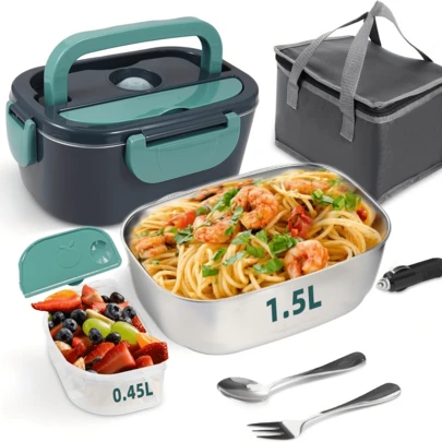 1.5L 3-In-1 Portable Electric Heated Lunch Box With Insulated Lunch Bag, Suitable For Heating Lunch At Work, Car/Truck/Office, Quick Heating