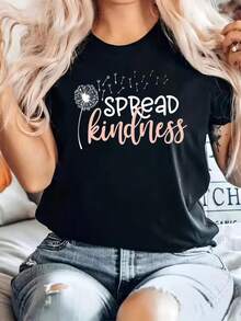 Spread Kindness Print Crew Neck T-Shirt, Casual Short Sleeve Top For Spring & Summer, Women's Clothing - Black - View 6