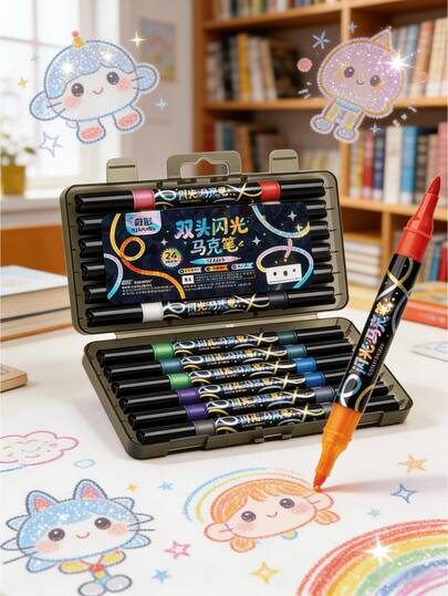 96/72pcs Dual-Color Metallic Glitter Markers, Dual-Tip Soft Brush Pens, Opaque Quick-Dry Water-Based Ink, Suitable For Glass, Ceramic, Stone Painting, Layering Colors, DIY Crafts, Wedding & Holiday Decor, Great For Art Students, Beginners, Adults, Crafters, Back To School Supplies, Christmas & Birthday Gifts