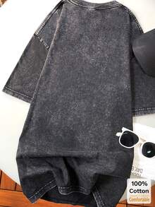 复古水洗黑色短袖T恤，宽松版型，时尚修身，超大设计 - 黑色 - 查看 4