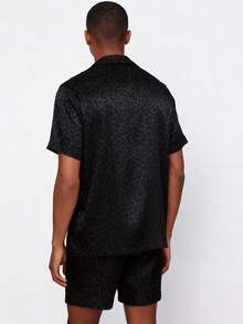 Snug League 2pcs Men Short Sleeve Sleepwear Set, Thin Silk Ice Fabric Leopard Pattern Kimono Collar Black Pajamas For Summer & Home - Black - View 2