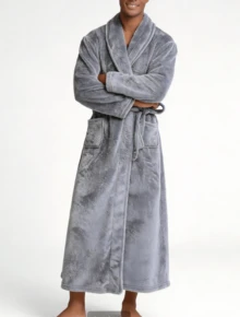 Snug League 1pc Couple's Warm Flannel Shawl Neck Loose Casual Soft Thermal Lined Long Sleeve Fluffy Robe With Pockets, Suitable For Home Wear, Autumn/Winter - Light Grey - View 5