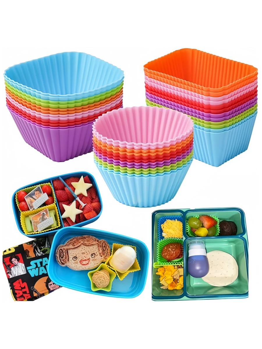 12/36件装硅胶午餐盒分隔盘，可重复使用的硅胶午餐盒隔层内衬，松饼杯，不粘烘焙杯，可放入洗碗机和冰箱，返校用品 - 彩色 - 查看 1