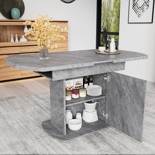 Retractable Oval Dining Table, Length 110/130 Cm * Width 70 Cm * Height 75 Cm, With Storage Function, Can Be Used As A Coffee/Casual Table, Modern And Minimalist Style, Multifunctional Space-Saving Dining Table, Cement Texture + Silver Handle - Grey - View 1