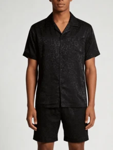Snug League 2pcs Men Short Sleeve Sleepwear Set, Thin Silk Ice Fabric Leopard Pattern Kimono Collar Black Pajamas For Summer & Home - Black - View 4