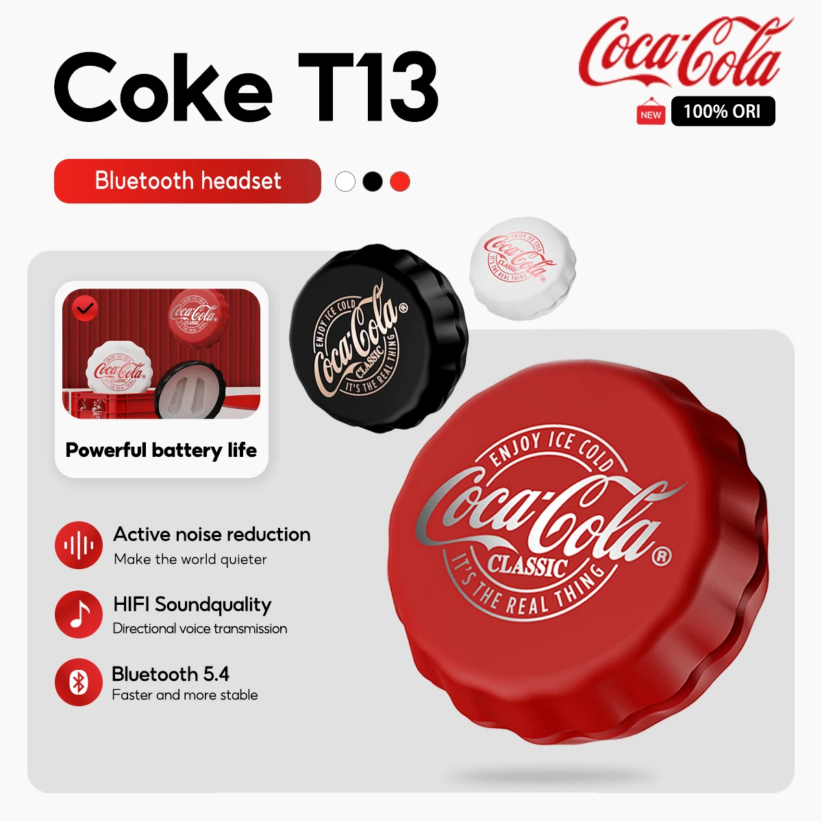 Coca Cola T13 True Wireless Bluetooth Earbuds, Semi-In-Ear Design