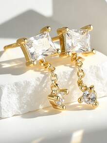 女士镀金公主方形锆石耳钉，搭配小巧圆形链坠，简约优雅风格，适合日常通勤和工作场合佩戴，是时尚爱好者的理想礼物。 - 金色 - 查看 2
