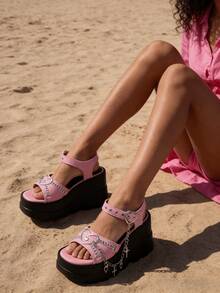 New Pink Summer Slope Heel Shoes For Woman Thick Bottom Women's Punk Fashion Sandals For Women Casual Slippers Comfortable Shoes Women's Gothic Style Cross Chain Detail Platform Sandals Summer Shoes - 粉色 - 查看 7