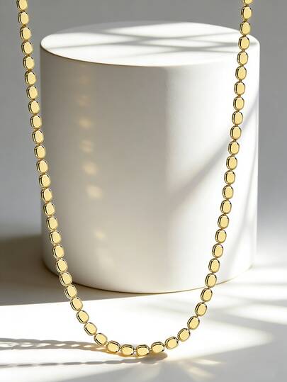 Charm-In Classic Minimalist Necklace, Women's Gold-Plated Flat Bead Chain Necklace Jewelry, Suitable For Daily Commute, Layering Styles, Versatile Gift For Girlfriend