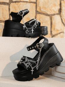 New Black Summer Slope Heel Shoes For Woman Thick Bottom Women's Punk Fashion Sandals For Women Casual Slippers Comfortable Shoes Women's Gothic Style Cross Chain Detail Platform Sandals Summer Shoes - 黑色 - 查看 9