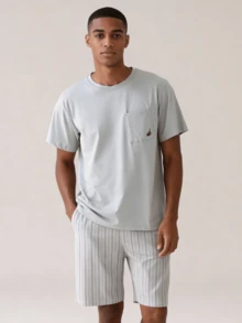 Snug League 2pcs Men's Casual Solid Color Loose Simple Wear-Out Round Neck Short Sleeve Plaid Shorts Pajama Set, Spring/Summer - Light Grey - View 1