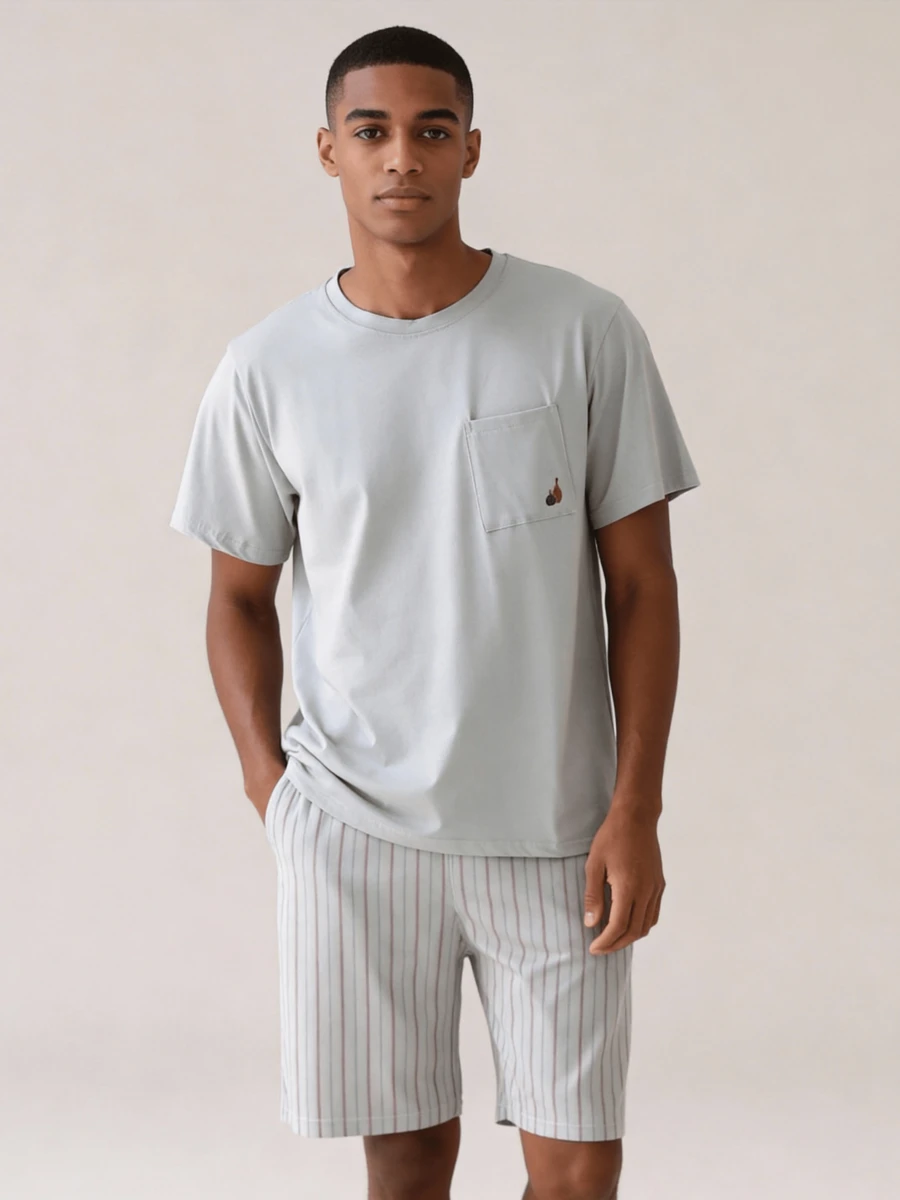 Snug League 2pcs Men's Casual Solid Color Loose Simple Wear-Out Round Neck Short Sleeve Plaid Shorts Pajama Set, Spring/Summer - Light Grey - View 1