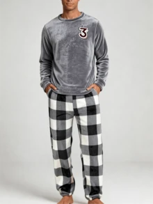 简约设计男士睡衣套装，保暖法兰绒蓬松睡衣，长袖圆领宽松上衣和宽松长裤，秋冬季舒适保暖服 - 灰色 - 查看 1