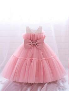 Young Girls Bowknot Tulle Princess Dress, Suitable For Party, Banquet, Birthday, Excluding Headband - Dusty Pink - View 5