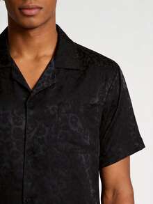 Snug League 2pcs Men Short Sleeve Sleepwear Set, Thin Silk Ice Fabric Leopard Pattern Kimono Collar Black Pajamas For Summer & Home - Black - View 5