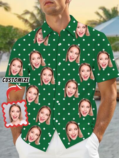 1pc Customizable Men's Summer Shirt, Upload Personal Photos, Button-Down Casual Shirt With Funny Face Design, Festive Casual Style, Suitable For Daily Casual Wear, Holiday Celebrations, Customized Men's Casual Shirt, Perfect Gift For Friends, Significant Others, Family