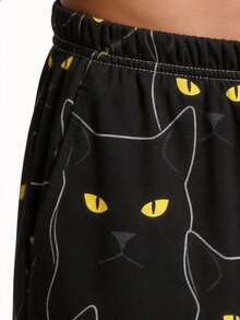 男士条纹小猫印花睡裤，家居服，适合春夏和秋冬秋季 - 黑色 - 查看 5