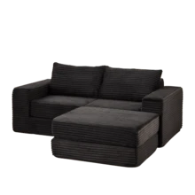 Sofá cama 2 en 1 de pana con dos almohadas, reposabrazos cuadrados clásicos y reposapiés extraíble. Sofá modular con configuración flexible. - Negro - Ver 4
