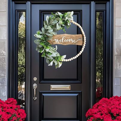 Ramadan Decoration, Ramadan Decorations, Ramadan Wreath, Islamic Decor, Eid Al-Fitr Decoration. Elegant Ramadan And Eid Al-Fitr Series Welcome Wreath - Modern Wooden Arch Design With Eucalyptus Leaves And Beads, Arch Wreath With Lamb's Ear Leaves, All-Season Wreath Suitable For Weddings, Baby Showers, Spring/Summer Parties, St. Patrick's Day, Christmas, And Graduation - Easy To Hang Home Door Decor, Elegant Signage For Front Door, Indoor And Outdoor Wooden Leaf Wreath Home Decor