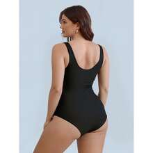 Plus Size Swimsuit Women Geometric Print V Neck One Piece Bathing Suit Ruched Tummy Control Swimwear For Curvy Figure; Comfortable & Flattering Beachwear - Warna-warni 1444 - View 2