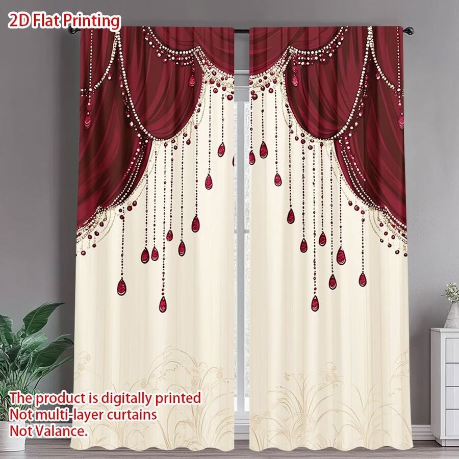 2 tấm rèm màu đỏ đậm, họa tiết cung điện - Tấm trang trí, thiết kế có khe luồn thanh treo để bảo vệ sự riêng tư, phù hợp cho phòng khách, phòng ngủ và phòng học, bản vẽ 2D - Nhiều màu - Xem 1