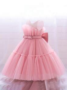 Young Girls Bowknot Tulle Princess Dress, Suitable For Party, Banquet, Birthday, Excluding Headband - Dusty Pink - View 6
