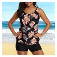 Tropical Floral TankiniWomen - Black & Coral Swimsuit - Two Piece Bathing Suit With Tummy Control - Boy Shorts - Modest Swimwear For Women - 多色889 - 查看 1