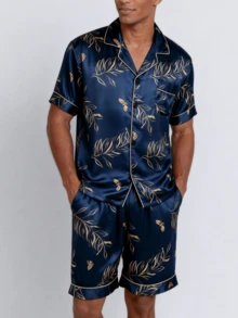 Snug League Two Pieces Sets For Men's Pajamas Spring And Summer Short Sleeved Shorts Leaf Pattern Printed Home Clothes Sleepwear Set - Green - View 3