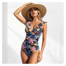 Floral Swimsuit For Women Navy Blue V-Neck Ruffle One Piece Bathing Suit Tummy Control Beachwear UPF 50+ Quick Dry Swimsuits - Warna-warni 894 - View 5