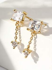 女士镀金公主方形锆石耳钉，搭配小巧圆形链坠，简约优雅风格，适合日常通勤和工作场合佩戴，是时尚爱好者的理想礼物。 - 金色 - 查看 1