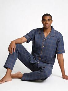 Snug League 2 件男士家居服套装 - 短袖开衫上衣和长裤，透气吸湿排汗睡衣 - 藏蓝色 - 查看 3