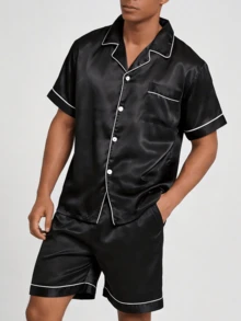 Snug League Two Pieces Sets Men's Satin Pajama Set Shorts Silk Sleepcoat Button Style Short Sleeved Cardigan Top Home Clothing Summer Simple Solid Color Series Loungewear - Black - View 9